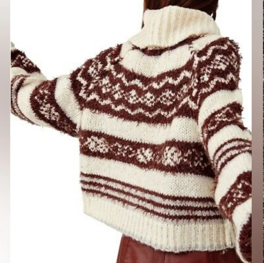 FREE PEOPLE Check Me Out Brown and Cream Turtleneck Cropped Sweater NWT M